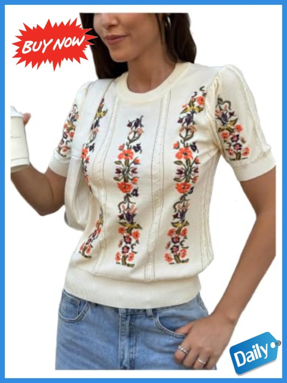 SHENHE Embroidered Cable Knit Sweater Pullover Short Sleeve Crew Neck